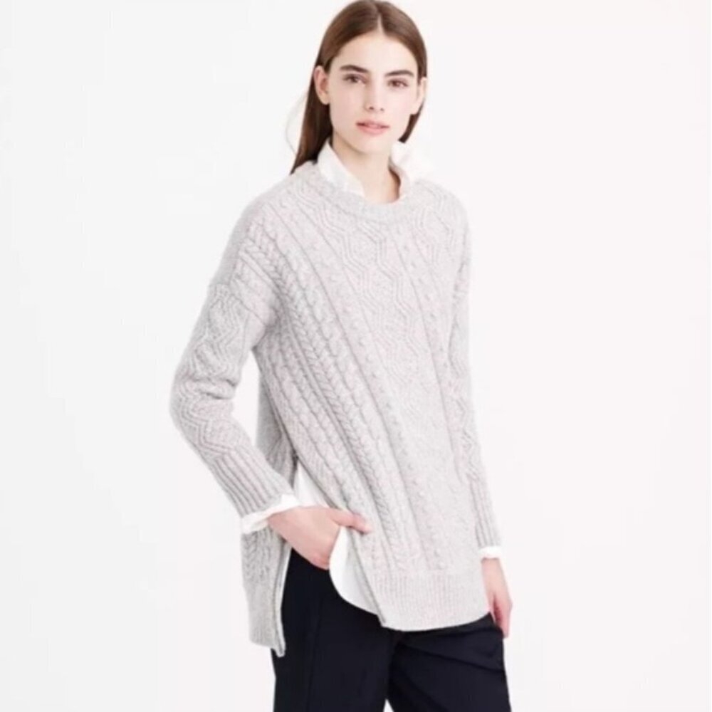 J.Crew Light Gray 100% Wool Cable Knit Side Zip Sweater Size L